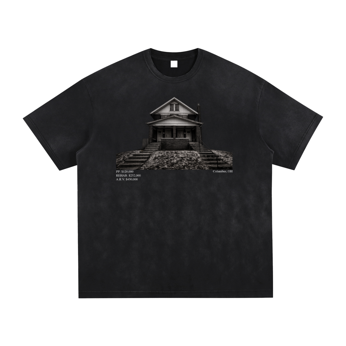 Front Steps Flip Tee — vintage washed black tee with Columbus flip deal print