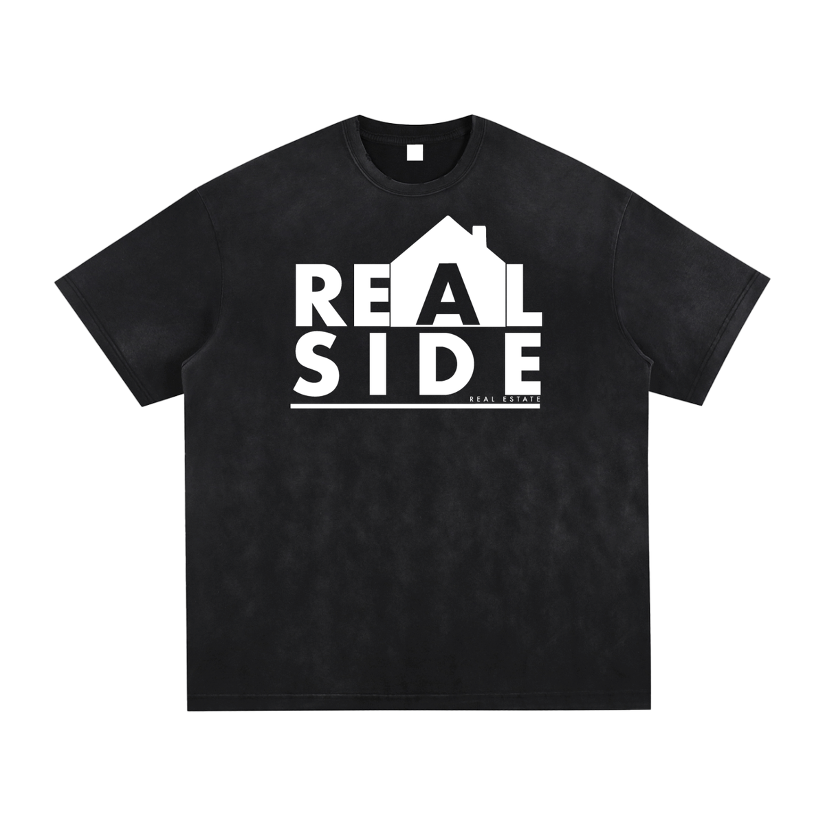Real Side Logo Tee — white logo on vintage washed black tee